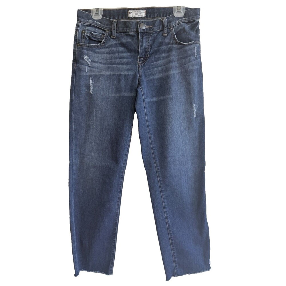 FREE PEOPLE Distressed Denim Jeans Blue Stretch Straight Leg Cropped 27 x 28